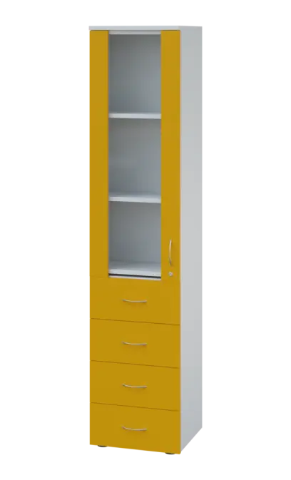 LE - 44 skříň léková prosklená, levá, korpus bílý, dvířka žlutá odio